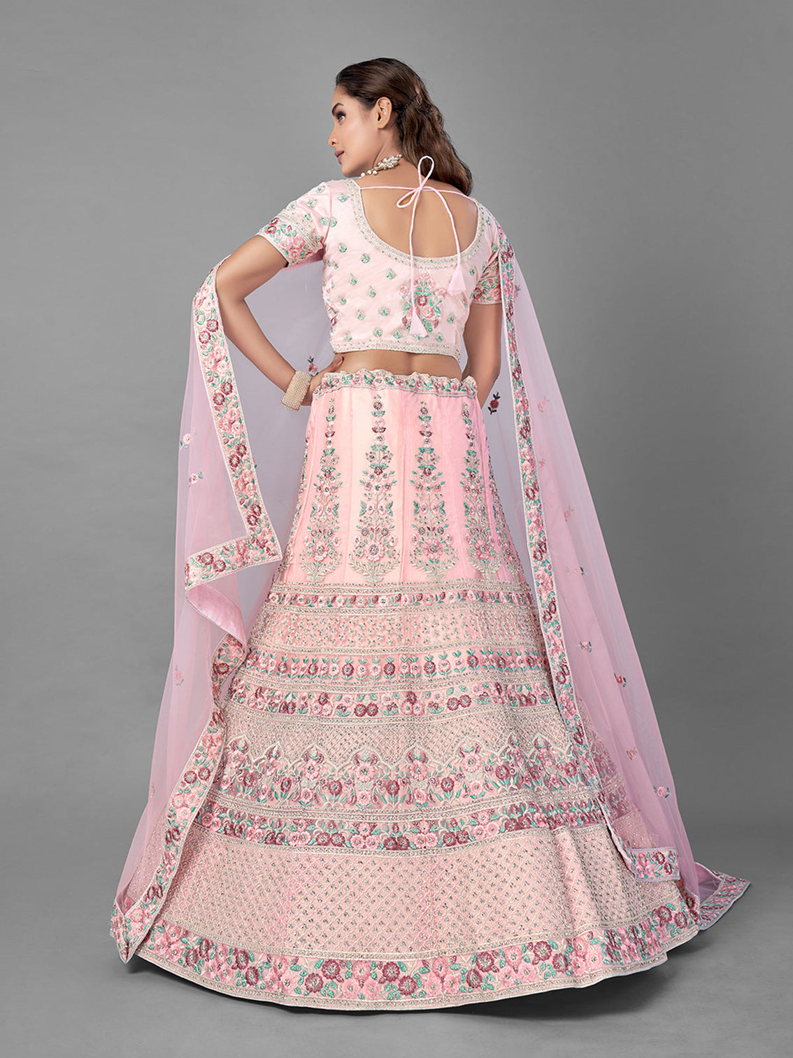 Pink Soft Net Semi Stitched Lehenga With Unstitched Blouse