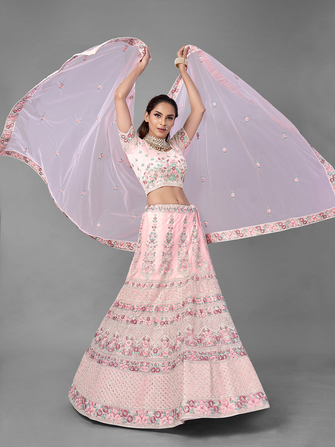 Pink Soft Net Semi Stitched Lehenga With Unstitched Blouse