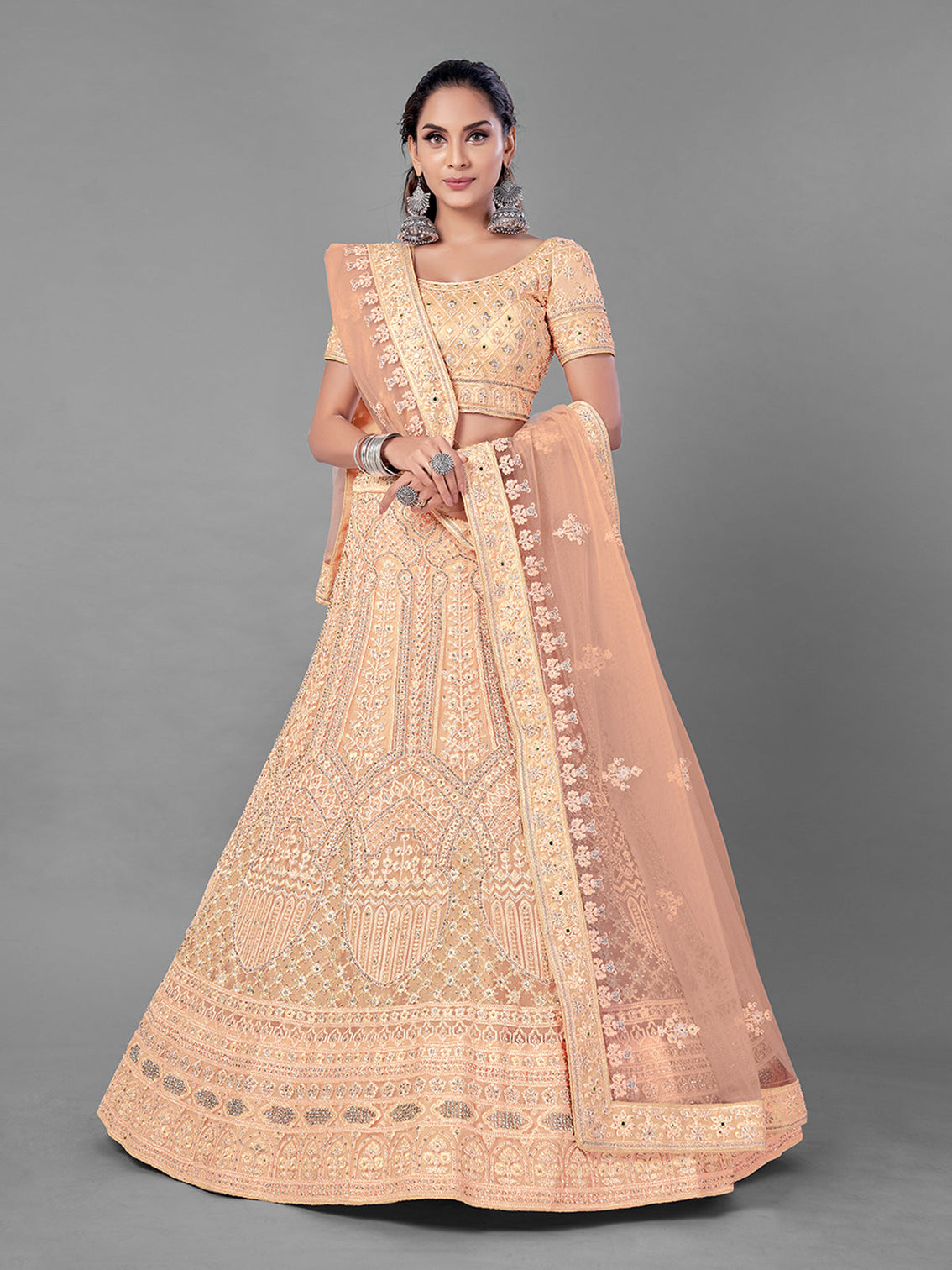 Peach Embroidered Soft Net Semi Stitched Lehenga With Unstitched Blouse