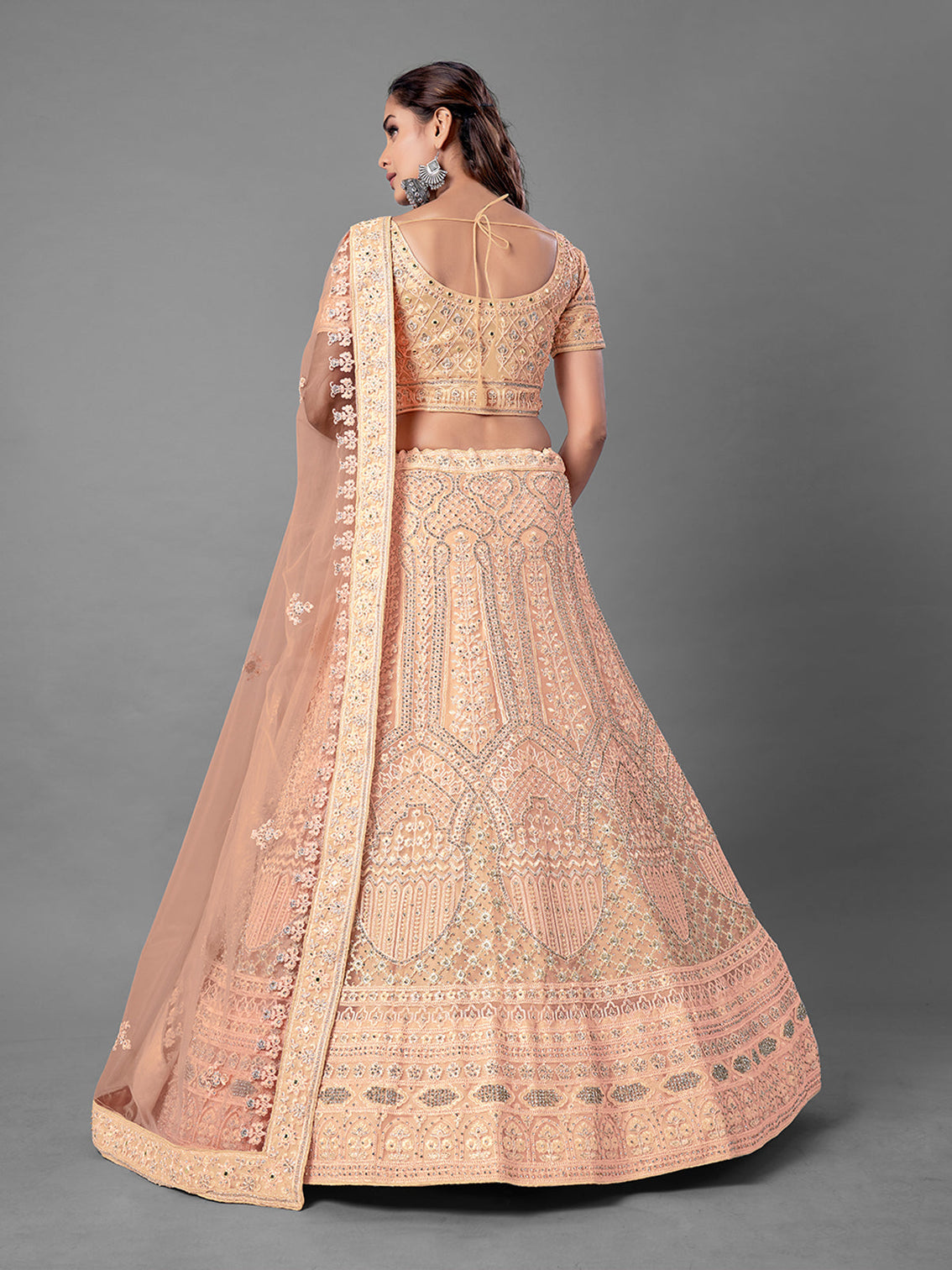 Peach Embroidered Soft Net Semi Stitched Lehenga With Unstitched Blouse