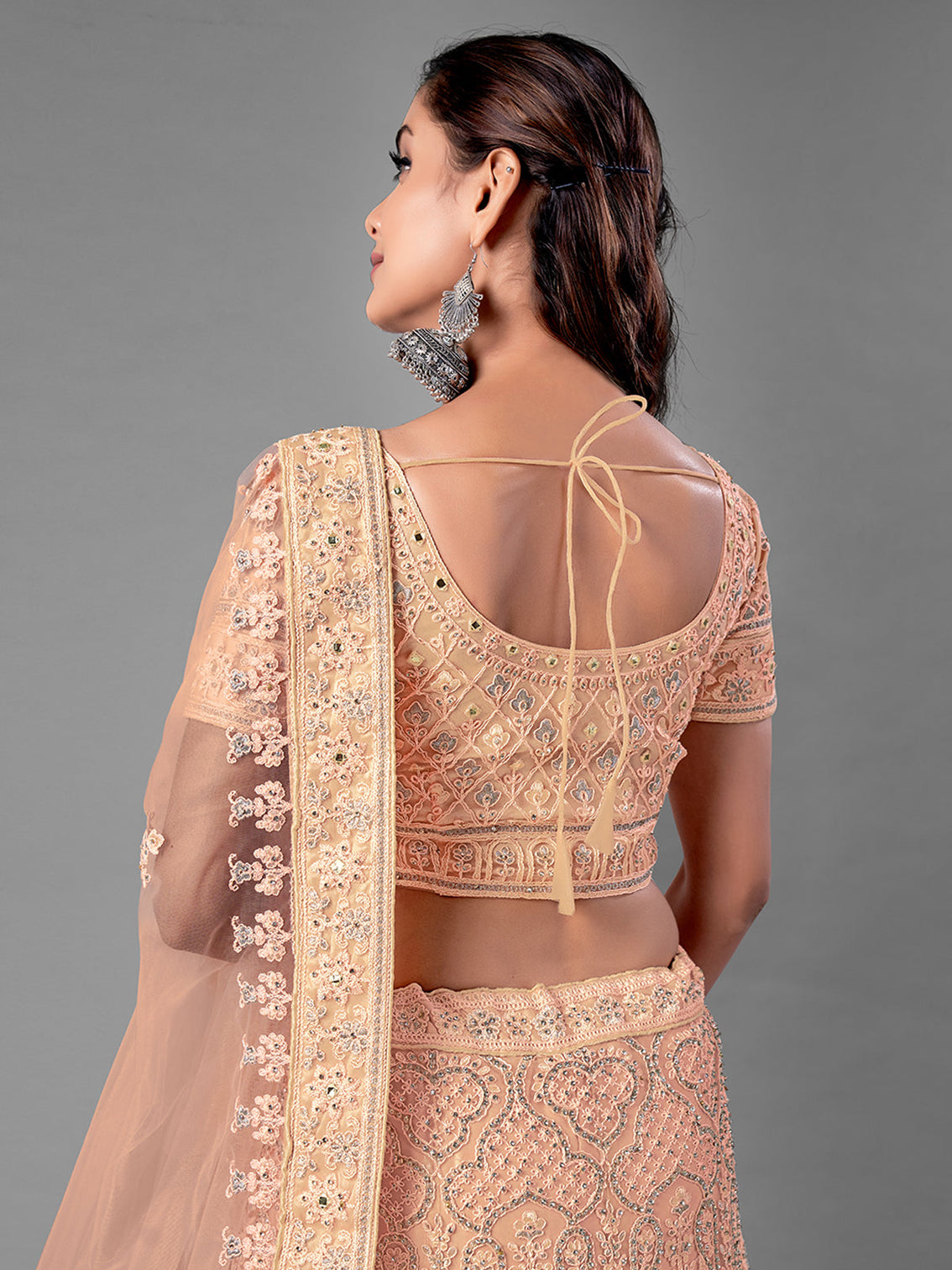 Peach Embroidered Soft Net Semi Stitched Lehenga With Unstitched Blouse