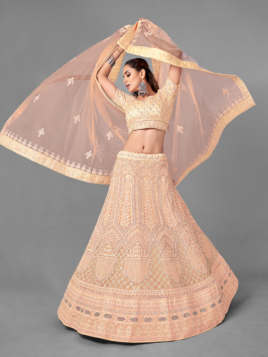 Peach Embroidered Soft Net Semi Stitched Lehenga With Unstitched Blouse