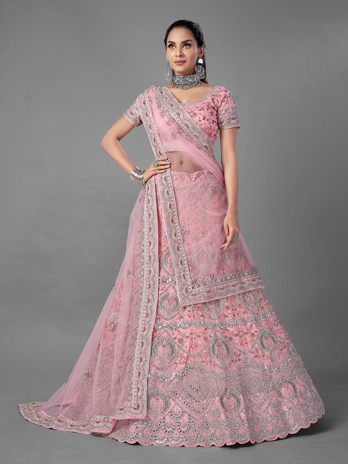 Pink Embroidered Soft Net Semi Stitched Lehenga With Unstitched Blouse