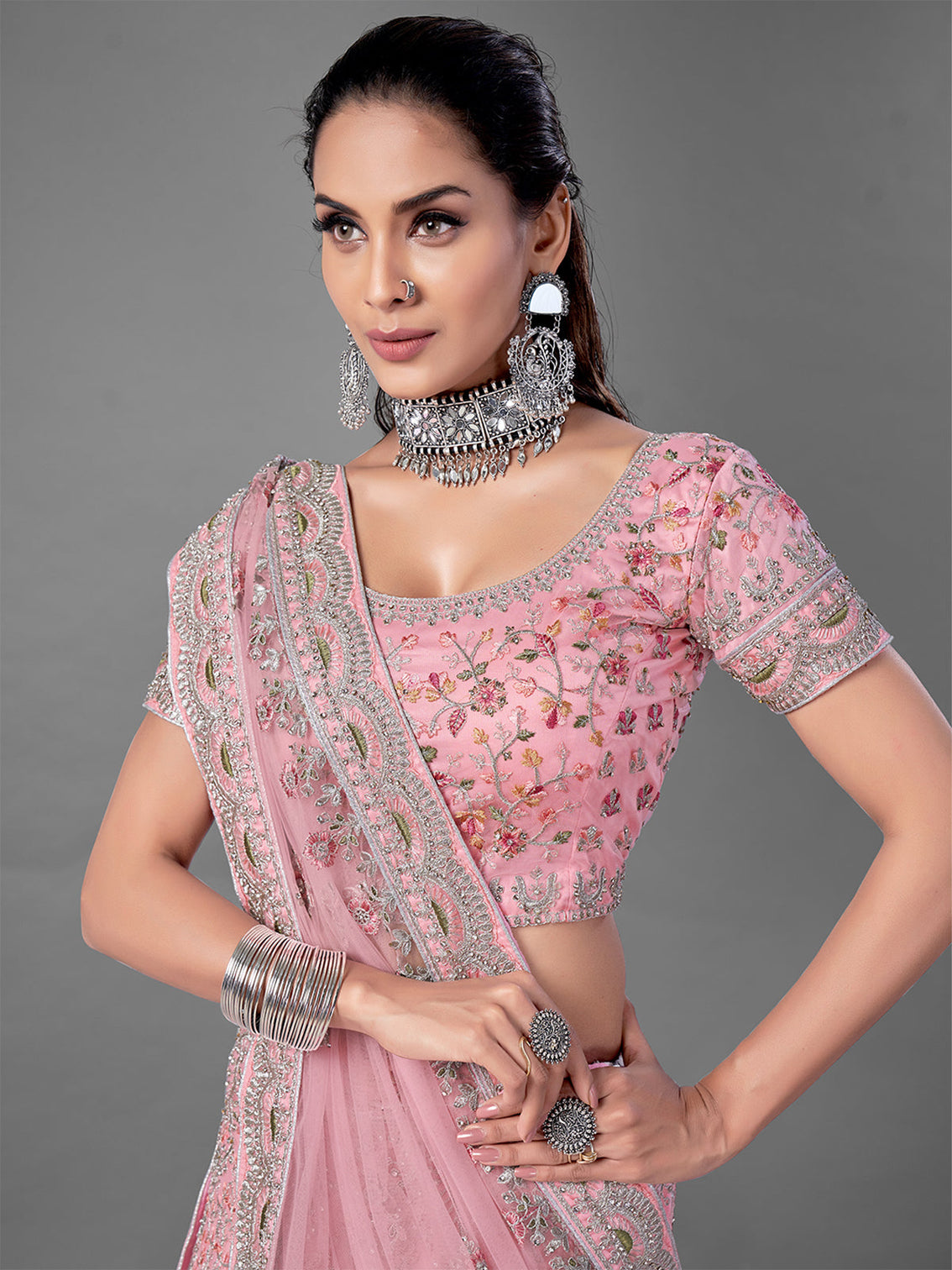 Pink Embroidered Soft Net Semi Stitched Lehenga With Unstitched Blouse
