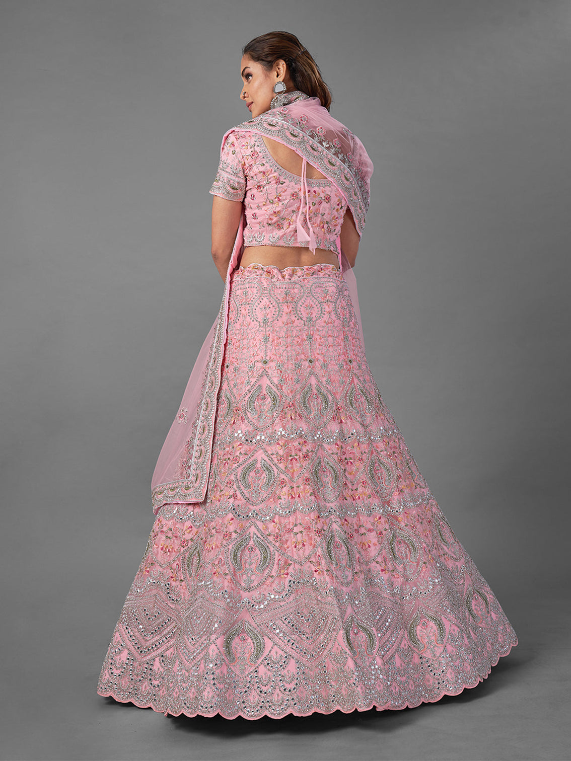 Pink Embroidered Soft Net Semi Stitched Lehenga With Unstitched Blouse