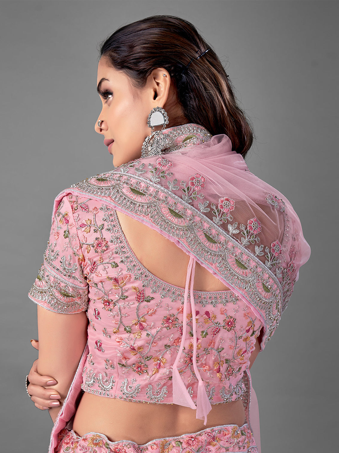 Pink Embroidered Soft Net Semi Stitched Lehenga With Unstitched Blouse