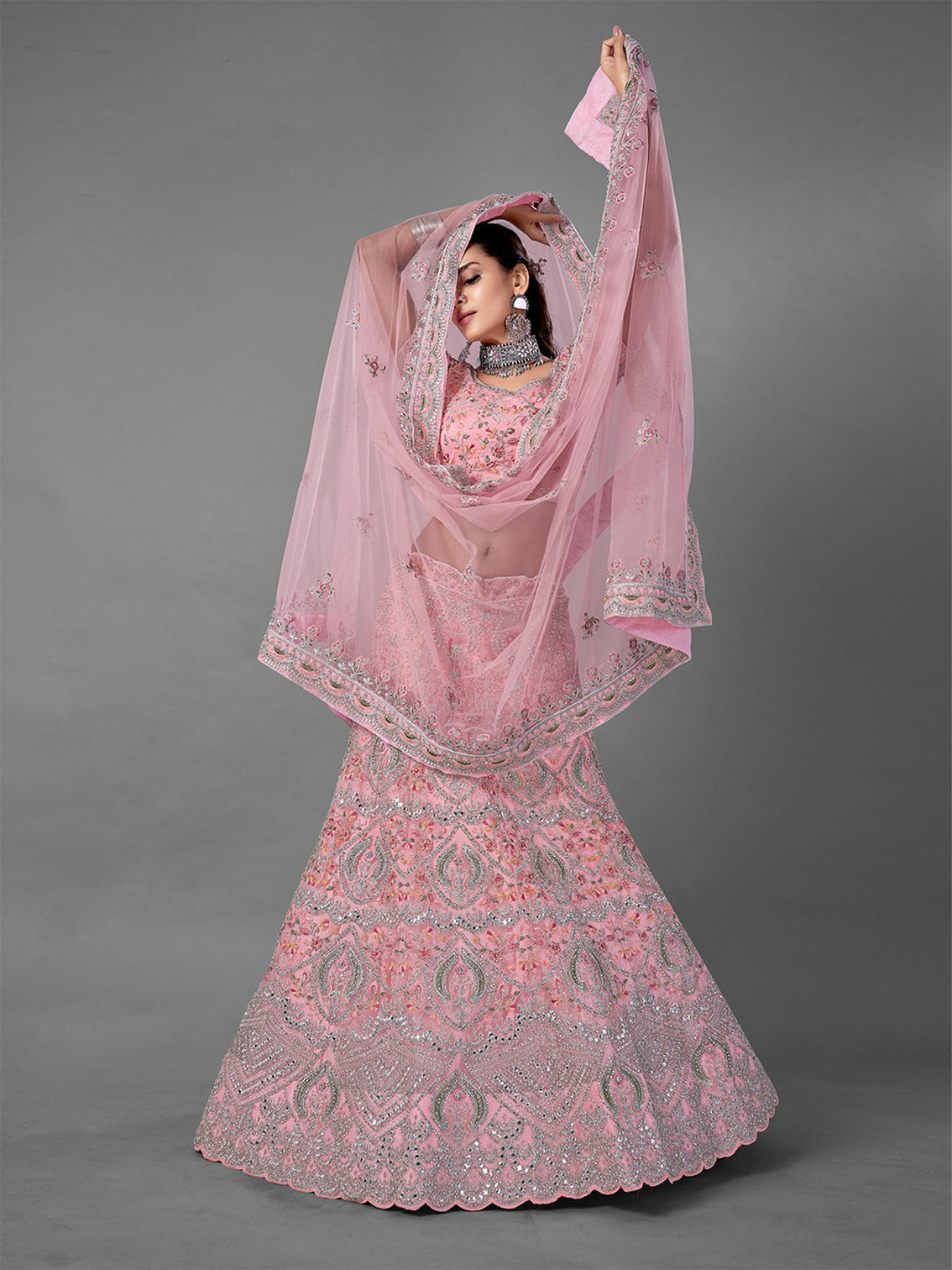 Pink Embroidered Soft Net Semi Stitched Lehenga With Unstitched Blouse