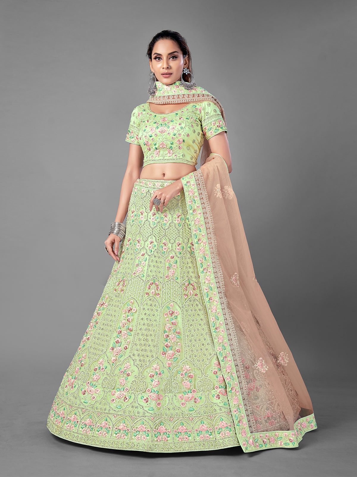 Green Soft Net Embroidered Semi Stitched Lehenga With Unstitched Blouse