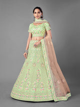 Green Soft Net Embroidered Semi Stitched Lehenga With Unstitched Blouse