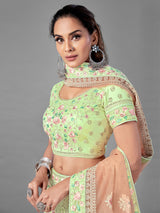 Green Soft Net Embroidered Semi Stitched Lehenga With Unstitched Blouse