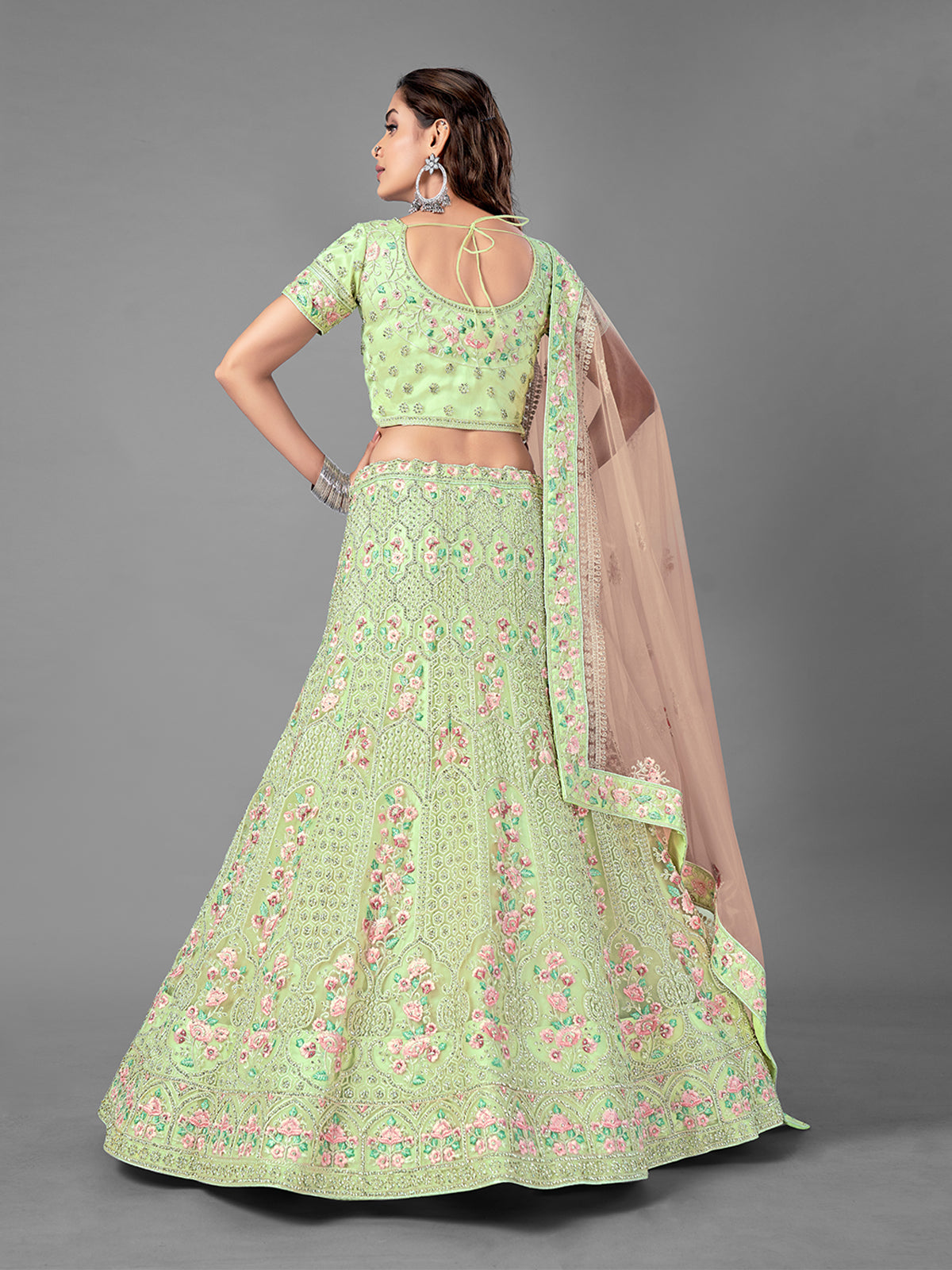 Green Soft Net Embroidered Semi Stitched Lehenga With Unstitched Blouse