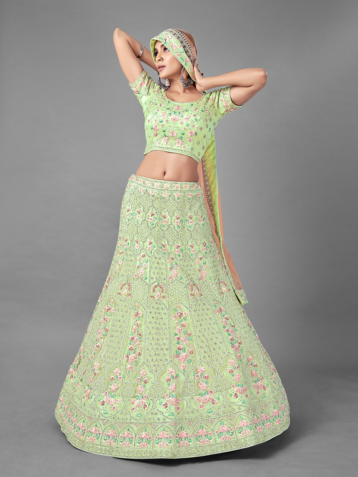 Green Soft Net Embroidered Semi Stitched Lehenga With Unstitched Blouse