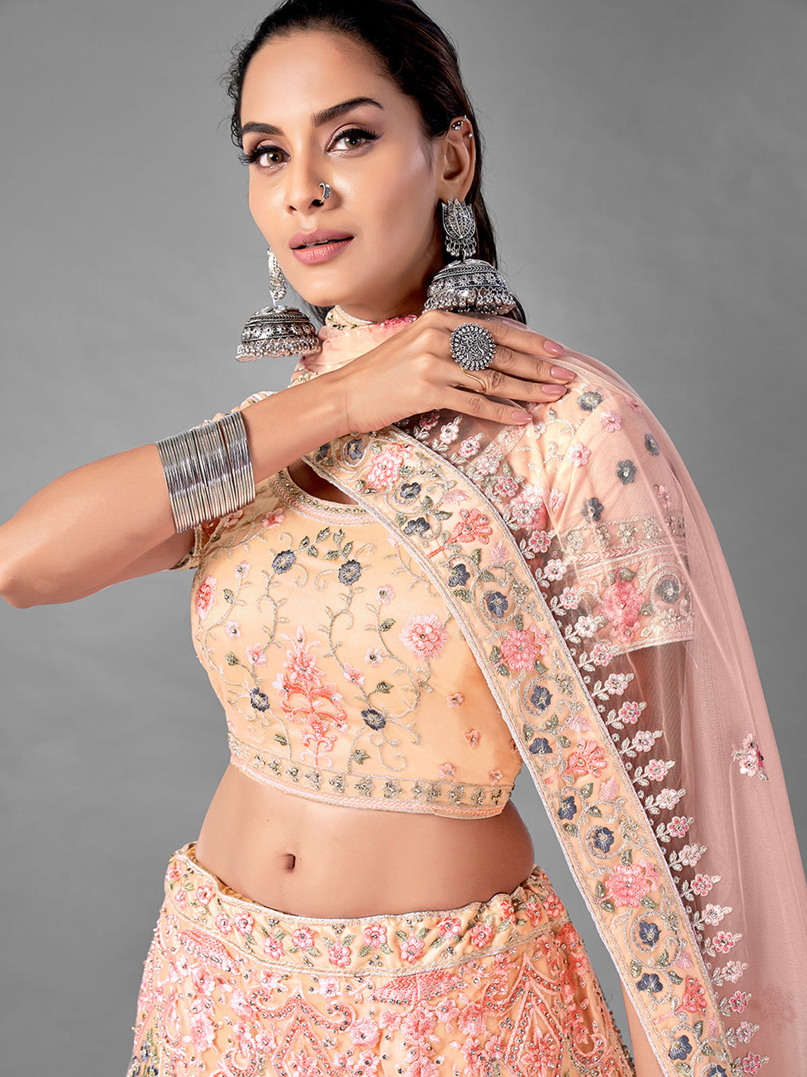 Peach Embroidered Soft Net Semi Stitched Lehenga With Unstitched Blouse