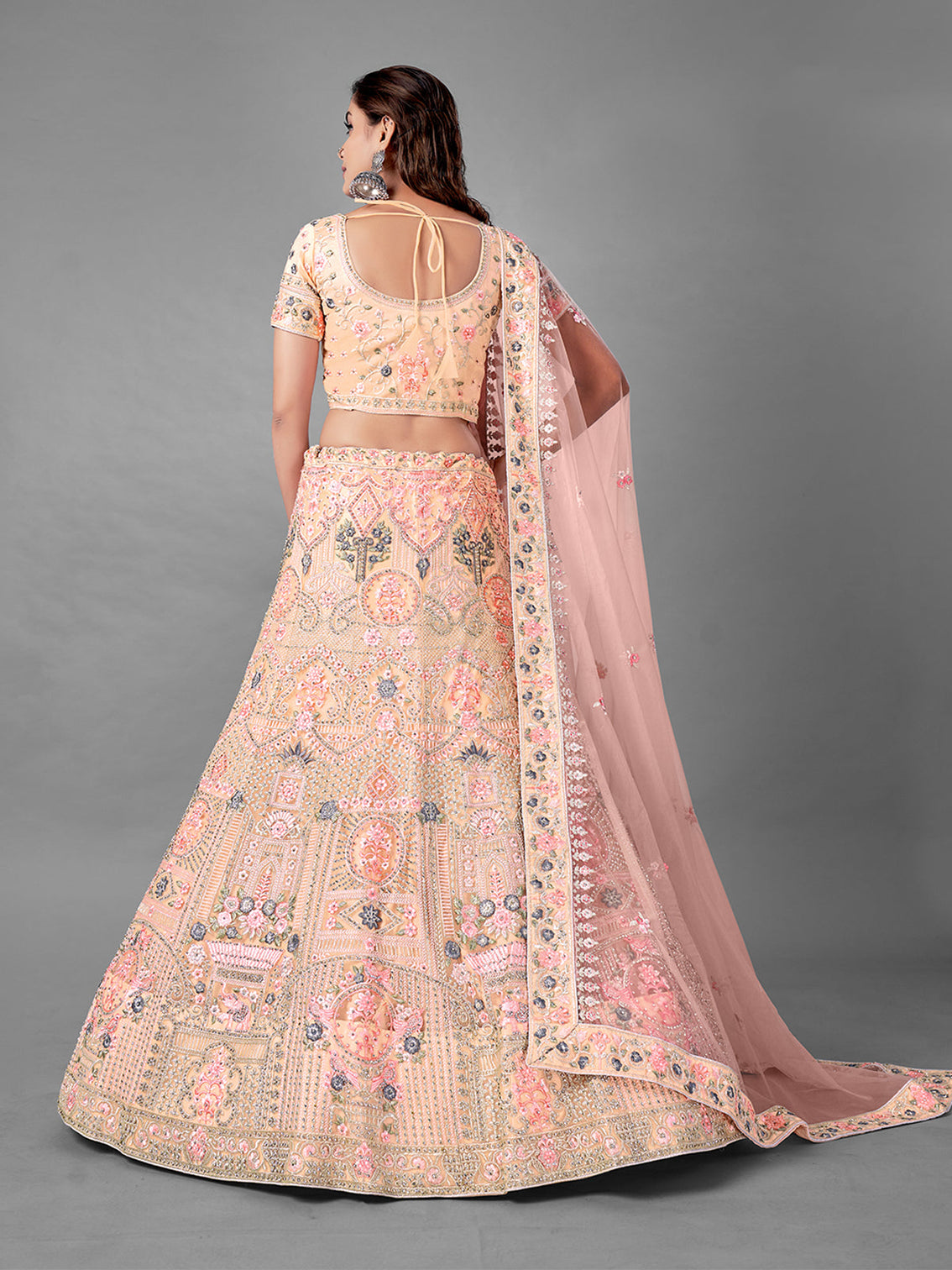 Peach Embroidered Soft Net Semi Stitched Lehenga With Unstitched Blouse