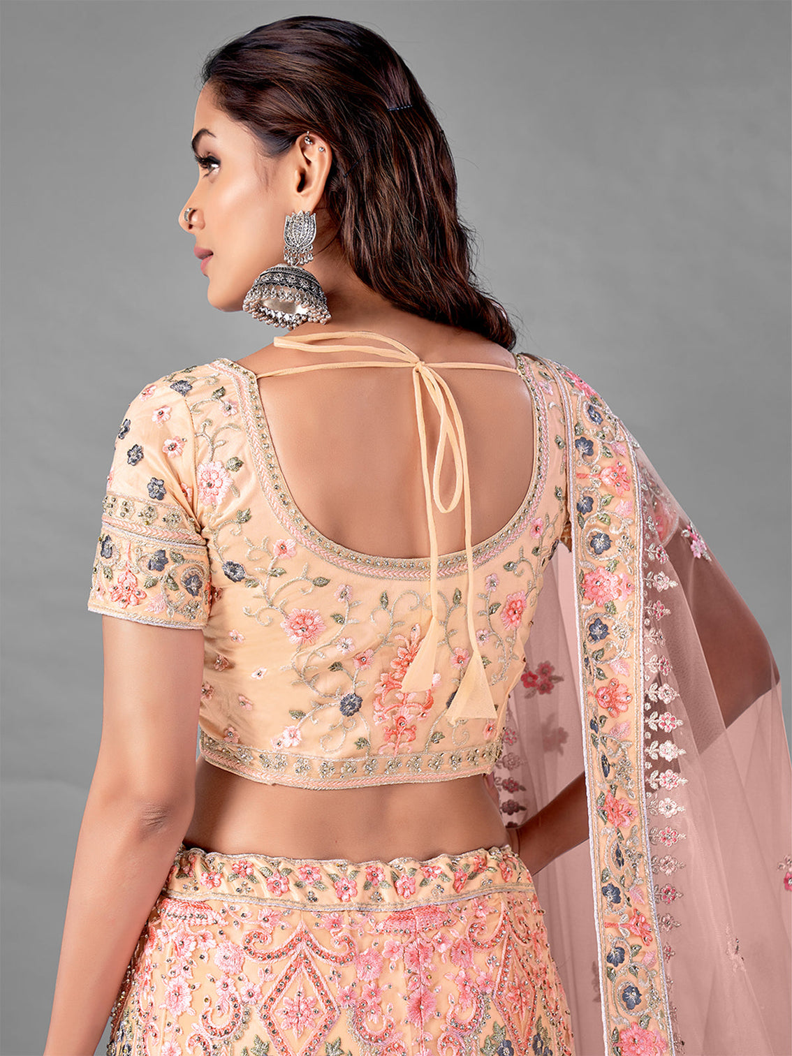 Peach Embroidered Soft Net Semi Stitched Lehenga With Unstitched Blouse