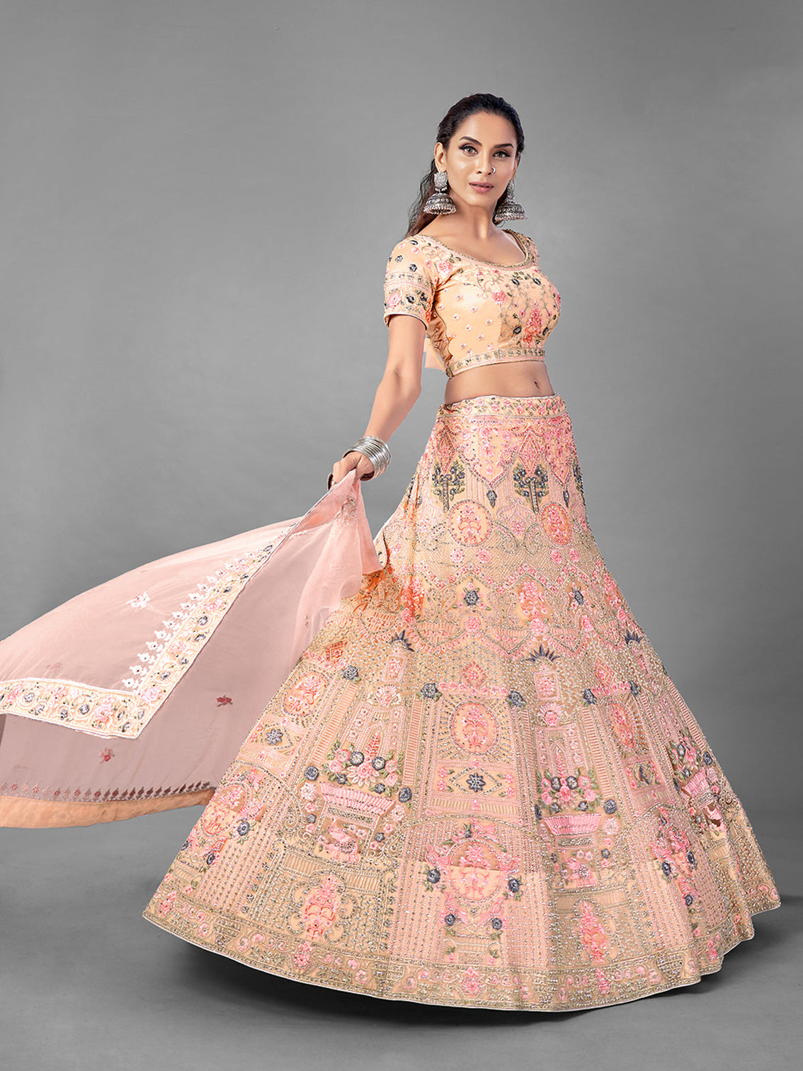 Peach Embroidered Soft Net Semi Stitched Lehenga With Unstitched Blouse