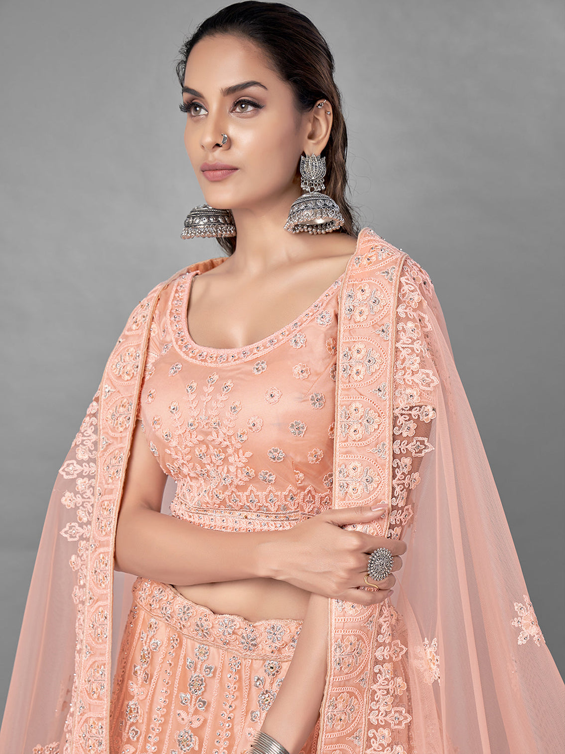 Peach Soft Net Embroidered Semi Stitched Lehenga With Unstitched Blouse
