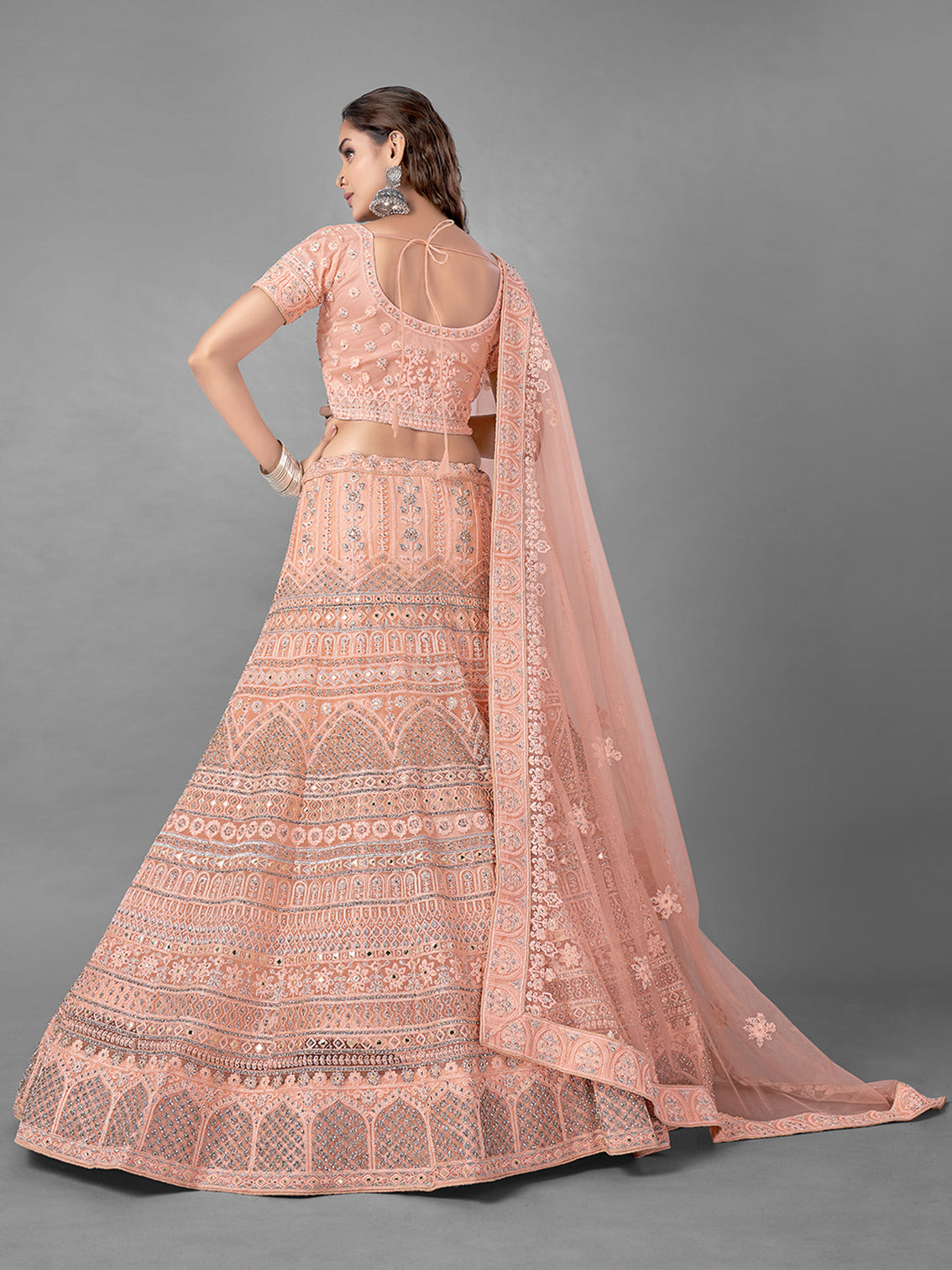 Peach Soft Net Embroidered Semi Stitched Lehenga With Unstitched Blouse