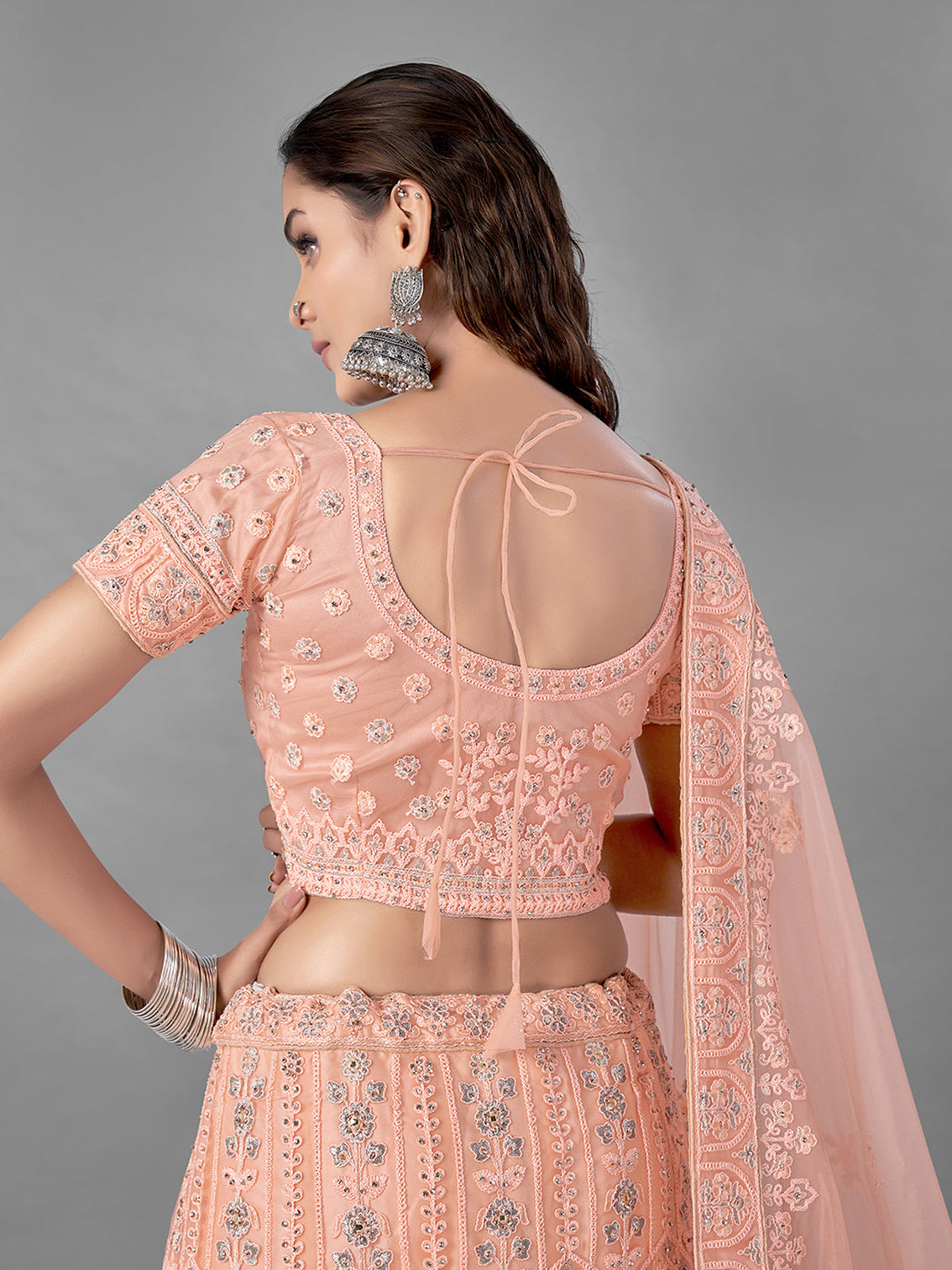 Peach Soft Net Embroidered Semi Stitched Lehenga With Unstitched Blouse