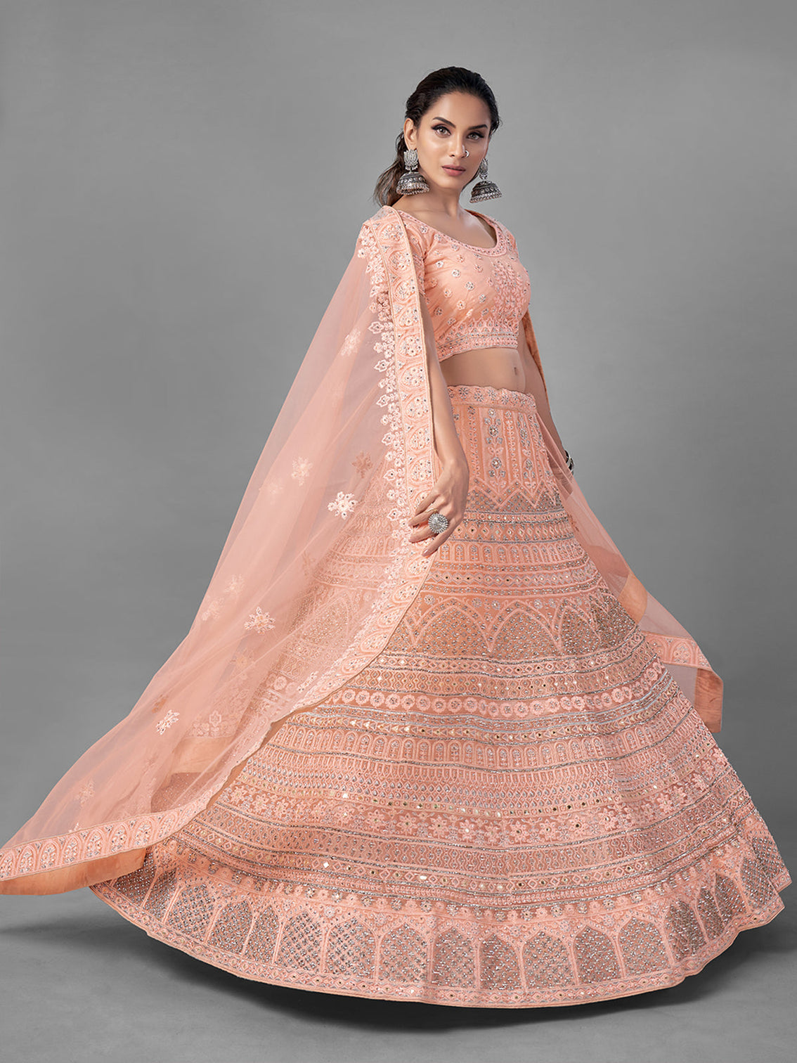 Peach Soft Net Embroidered Semi Stitched Lehenga With Unstitched Blouse