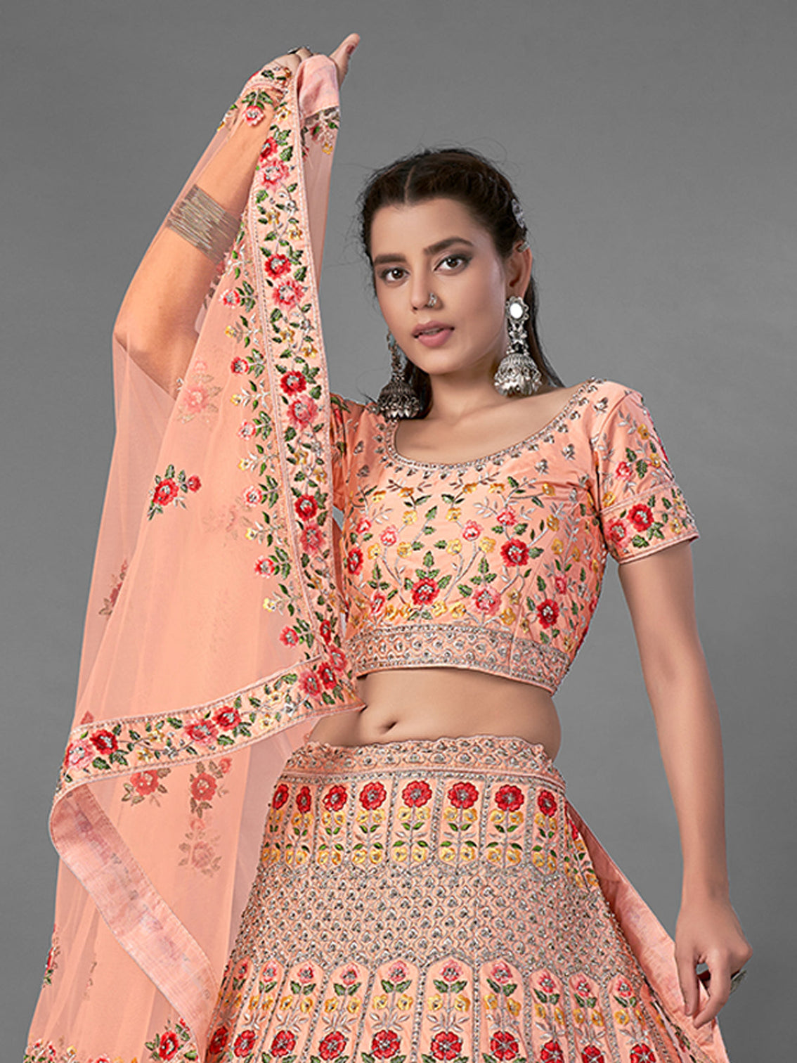 Peach Embroidered Art Silk Semi Stitched Lehenga With Unstitched Blouse