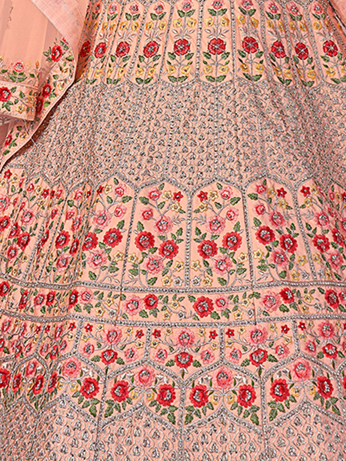 Peach Embroidered Art Silk Semi Stitched Lehenga With Unstitched Blouse