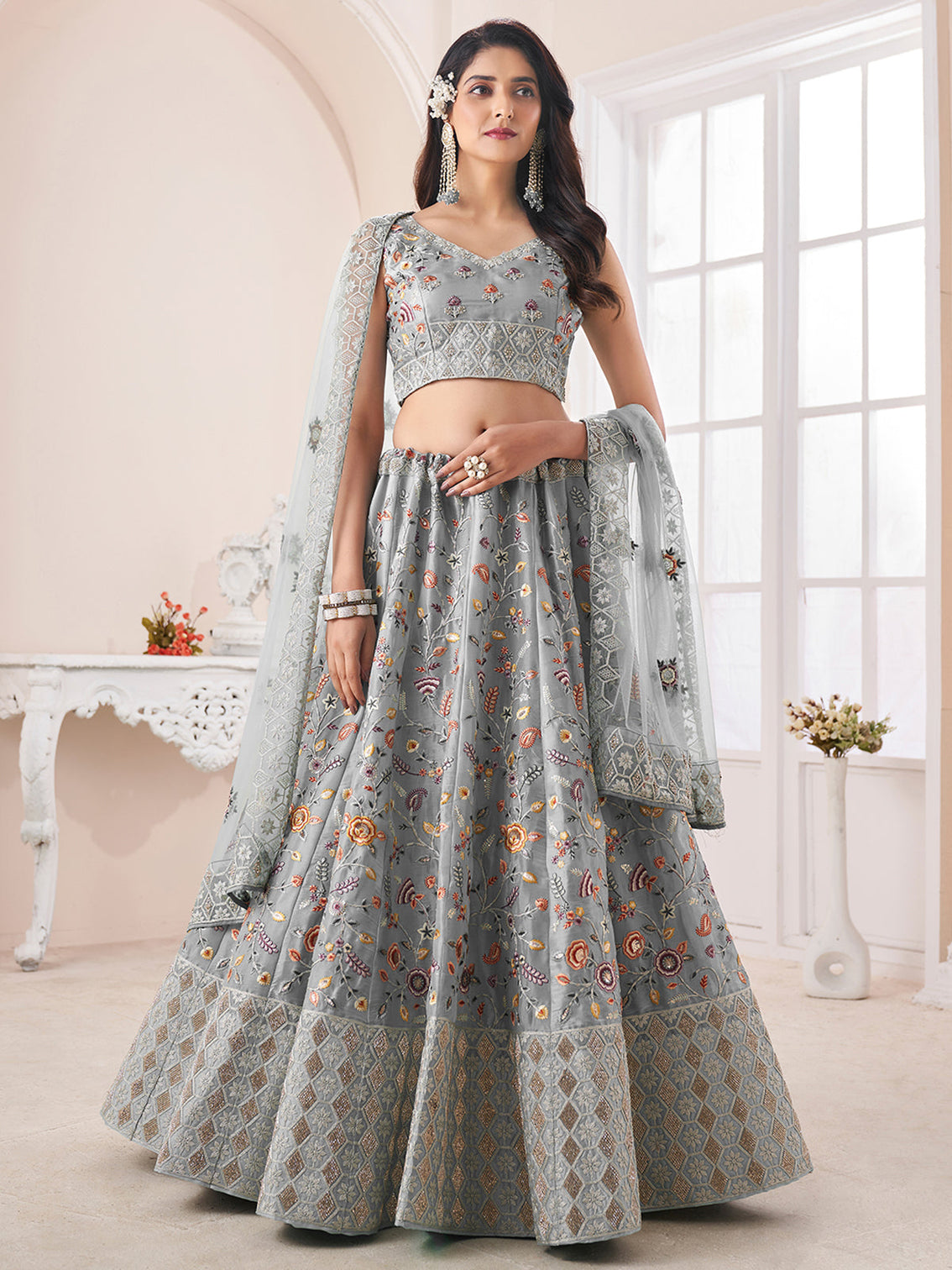 Grey Art Silk Embroidered Semi Stitched Lehenga With Unstitched Blouse