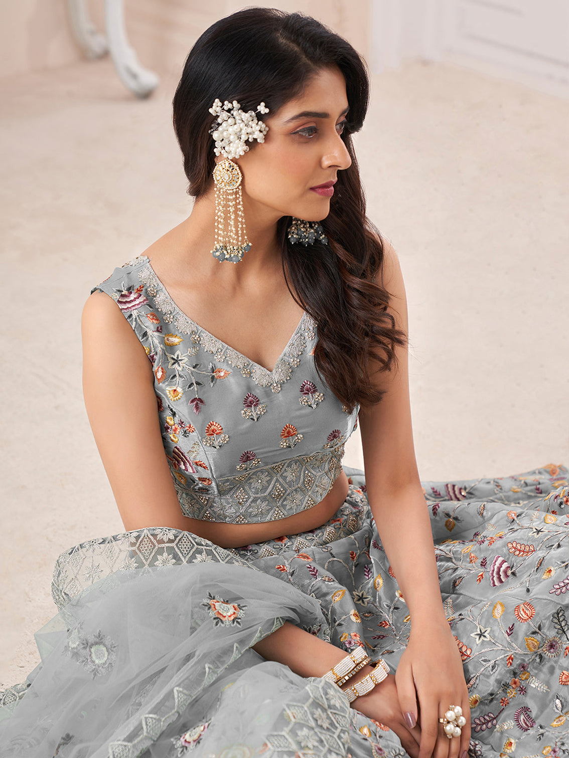 Grey Art Silk Embroidered Semi Stitched Lehenga With Unstitched Blouse