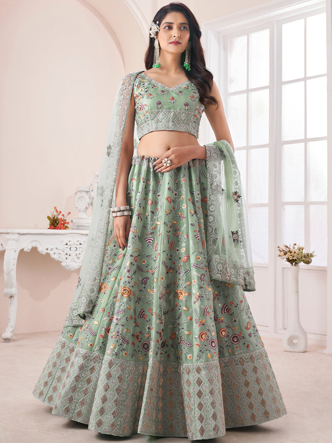 Green Art Silk Embroidered Semi Stitched Lehenga With Unstitched Blouse