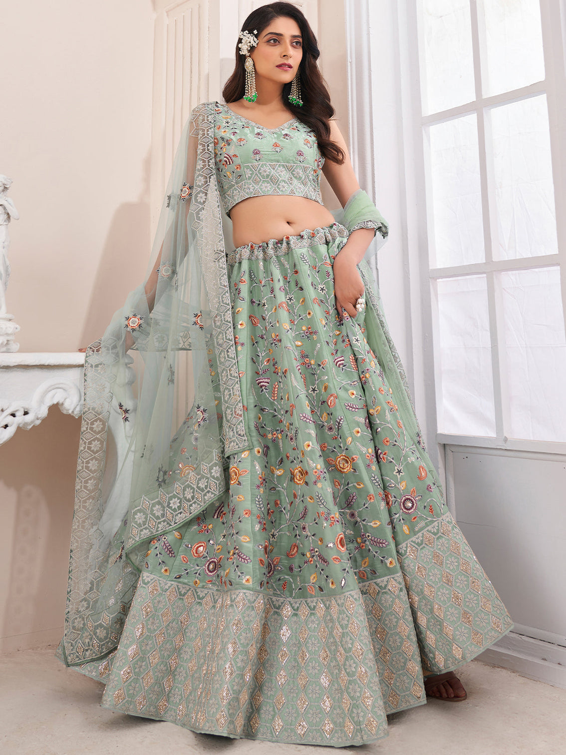 Green Art Silk Embroidered Semi Stitched Lehenga With Unstitched Blouse