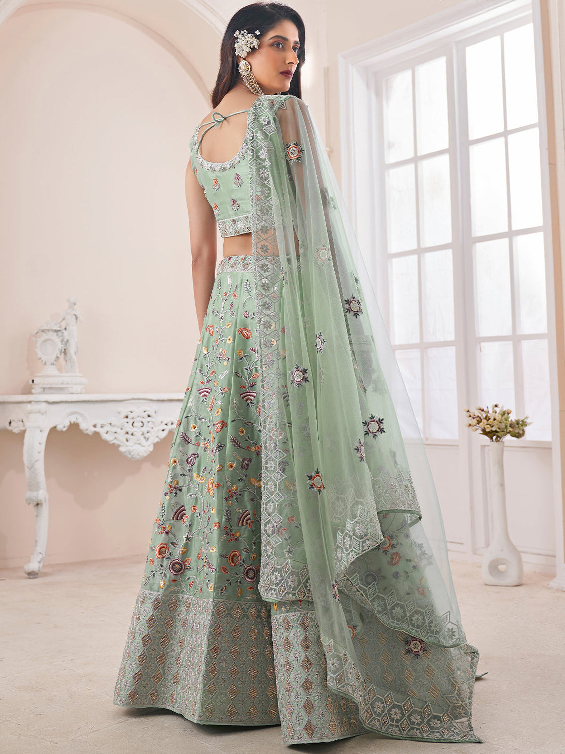 Green Art Silk Embroidered Semi Stitched Lehenga With Unstitched Blouse