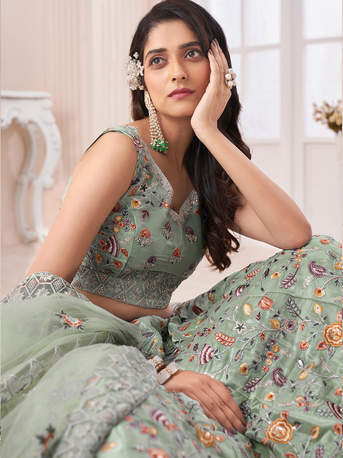 Green Art Silk Embroidered Semi Stitched Lehenga With Unstitched Blouse
