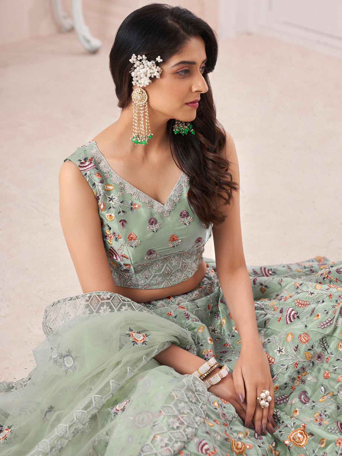 Green Art Silk Embroidered Semi Stitched Lehenga With Unstitched Blouse