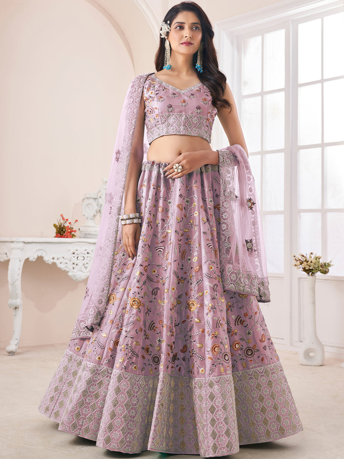 Pink Art Silk Embroidered Semi Stitched Lehenga With Unstitched Blouse