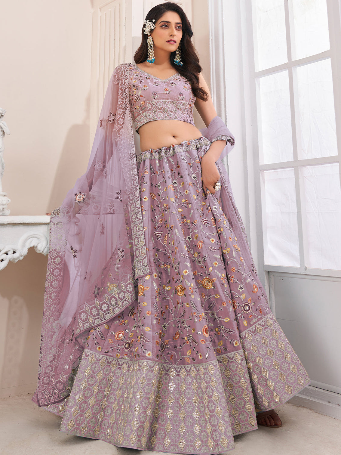 Pink Art Silk Embroidered Semi Stitched Lehenga With Unstitched Blouse