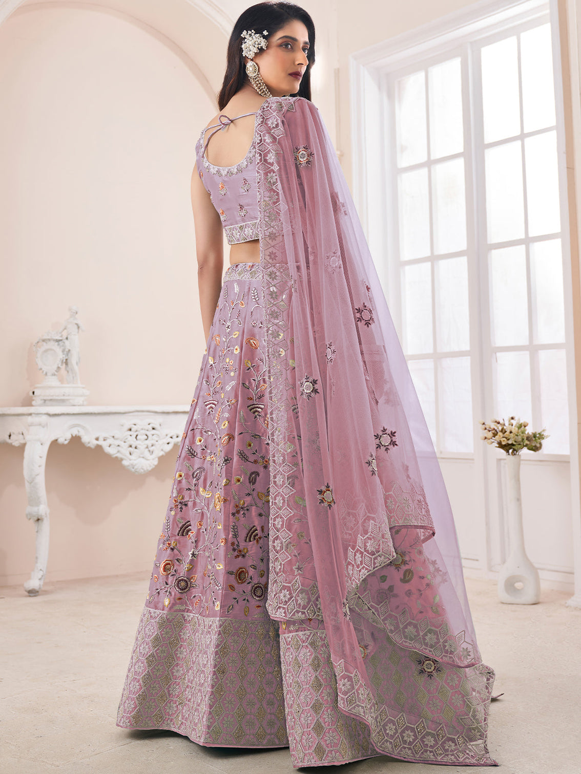 Pink Art Silk Embroidered Semi Stitched Lehenga With Unstitched Blouse