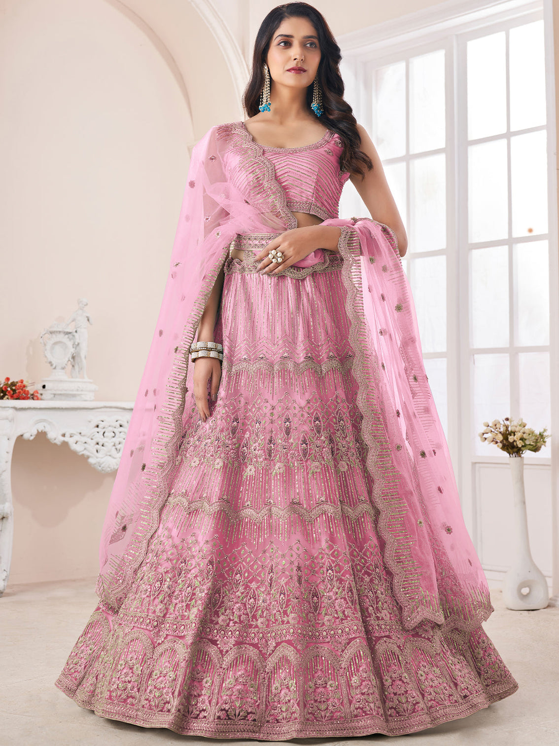 Pink Soft Net Embroidered Semi Stitched Lehenga With Unstitched Blouse