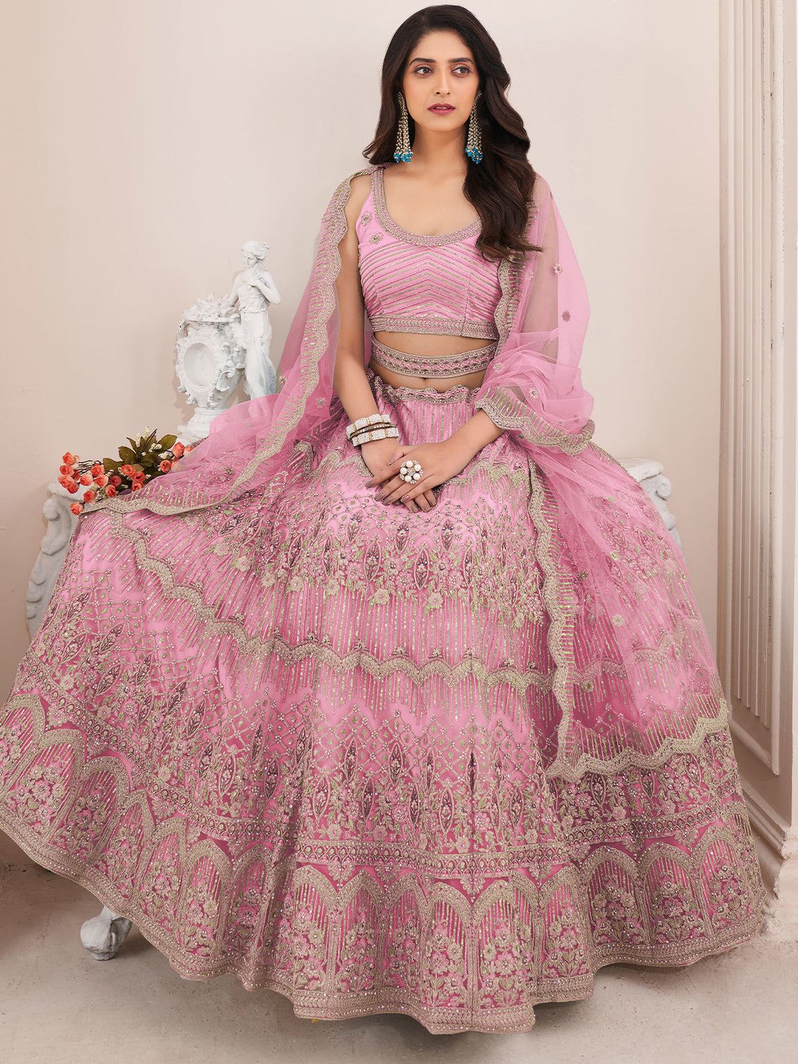 Pink Soft Net Embroidered Semi Stitched Lehenga With Unstitched Blouse