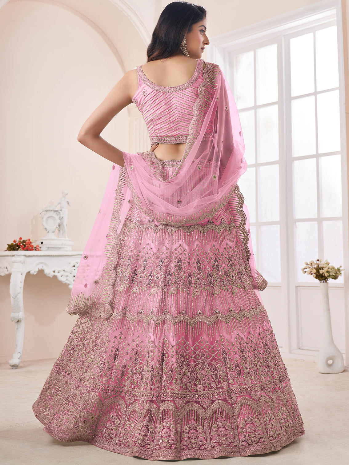 Pink Soft Net Embroidered Semi Stitched Lehenga With Unstitched Blouse