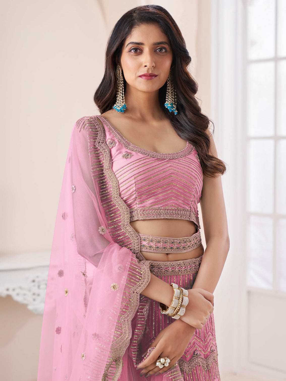 Pink Soft Net Embroidered Semi Stitched Lehenga With Unstitched Blouse