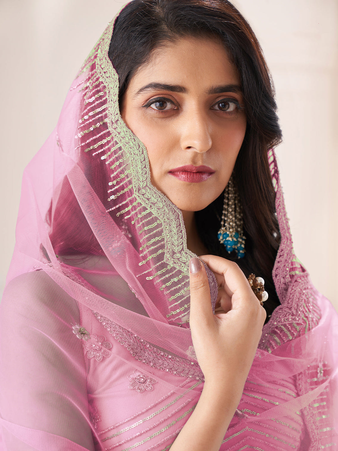 Pink Soft Net Embroidered Semi Stitched Lehenga With Unstitched Blouse