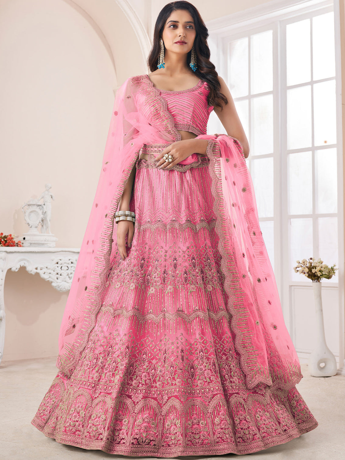 Pink Soft Net Embroidered Semi Stitched Lehenga With Unstitched Blouse