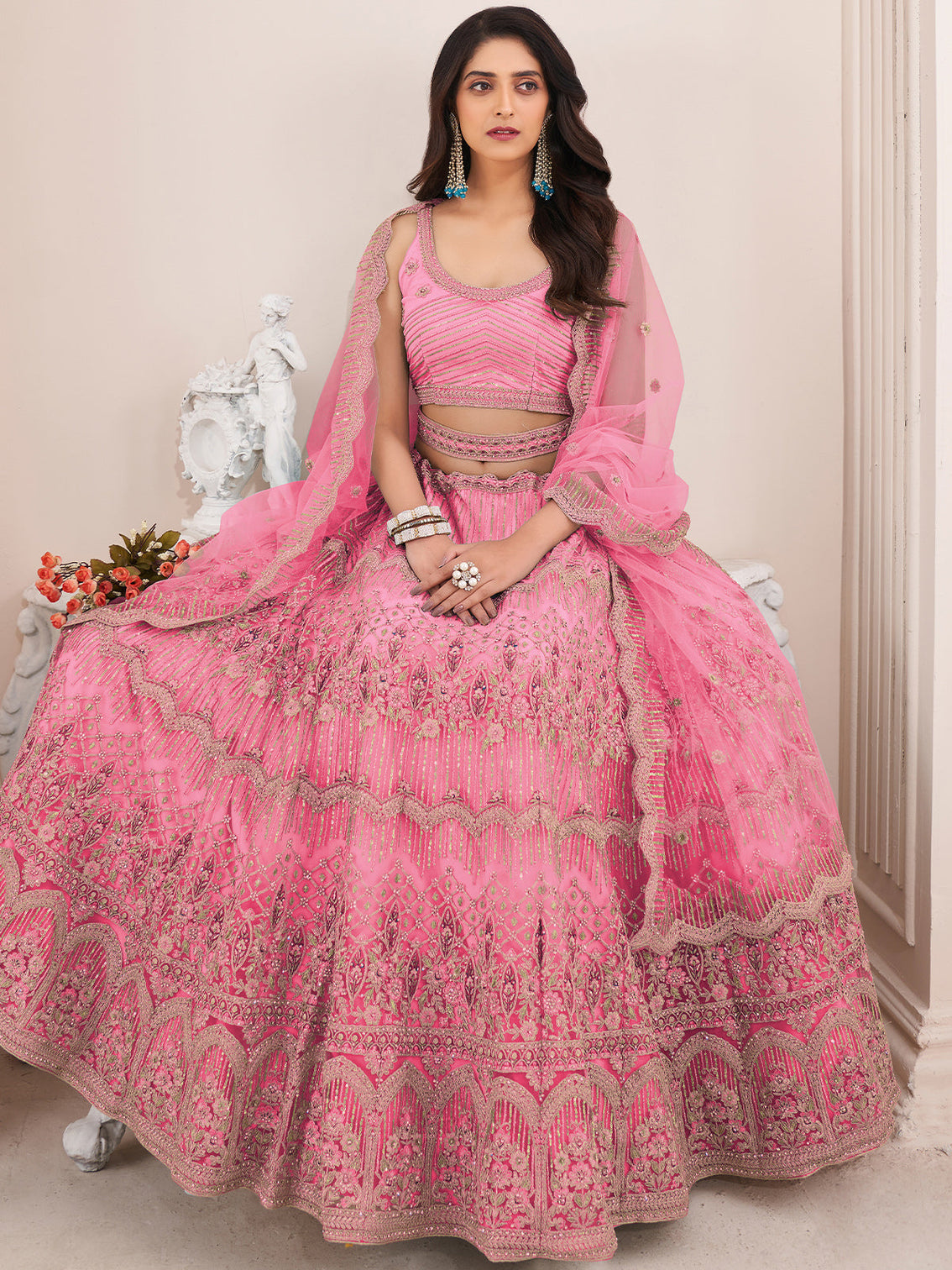 Pink Soft Net Embroidered Semi Stitched Lehenga With Unstitched Blouse