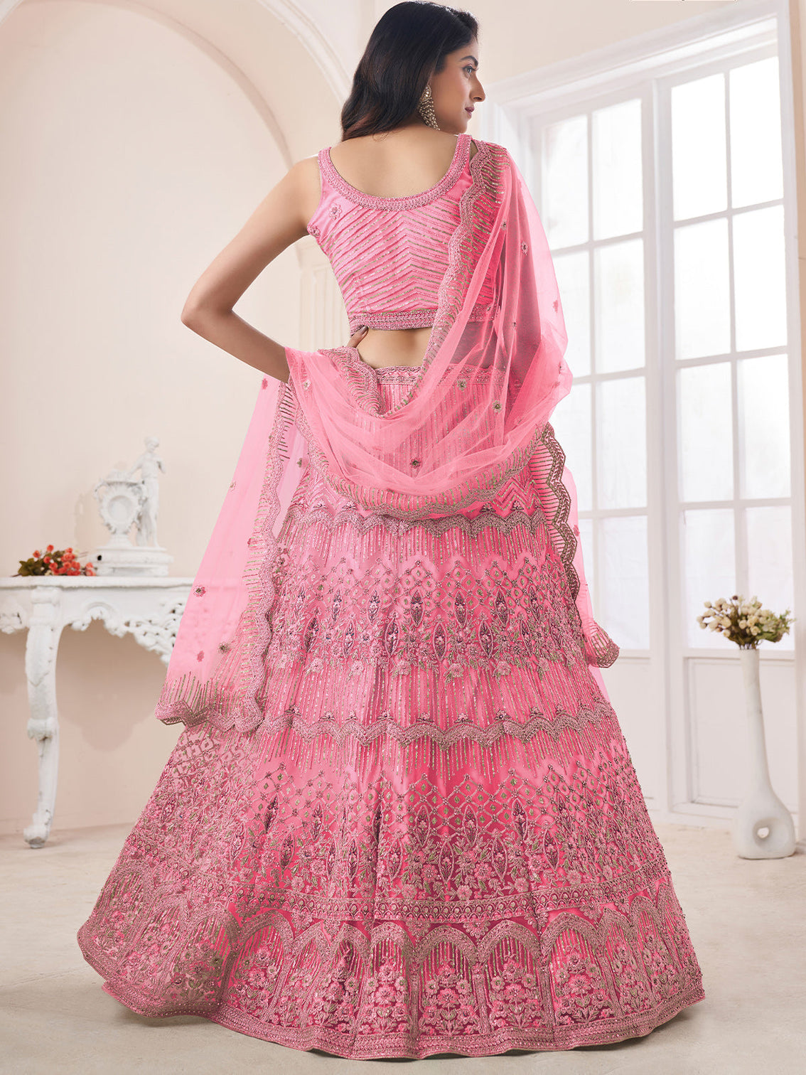 Pink Soft Net Embroidered Semi Stitched Lehenga With Unstitched Blouse
