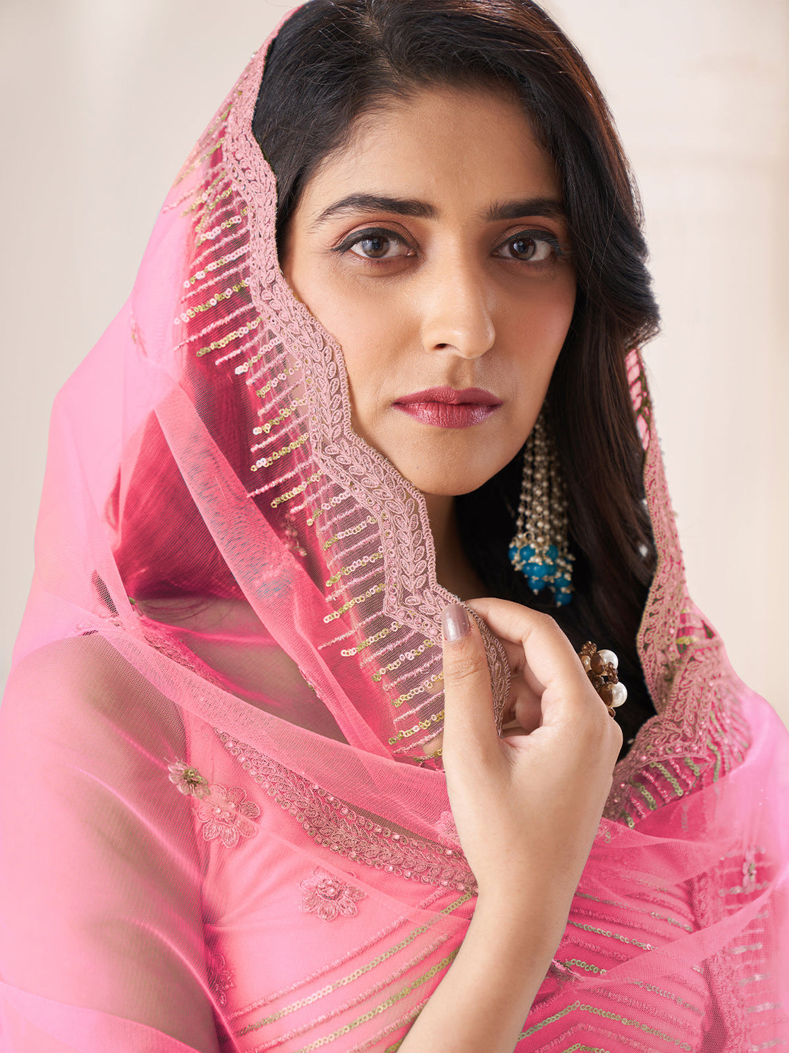 Pink Soft Net Embroidered Semi Stitched Lehenga With Unstitched Blouse