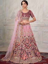 Maroon Soft Net Embroidered Semi Stitched Lehenga With Unstitched Blouse