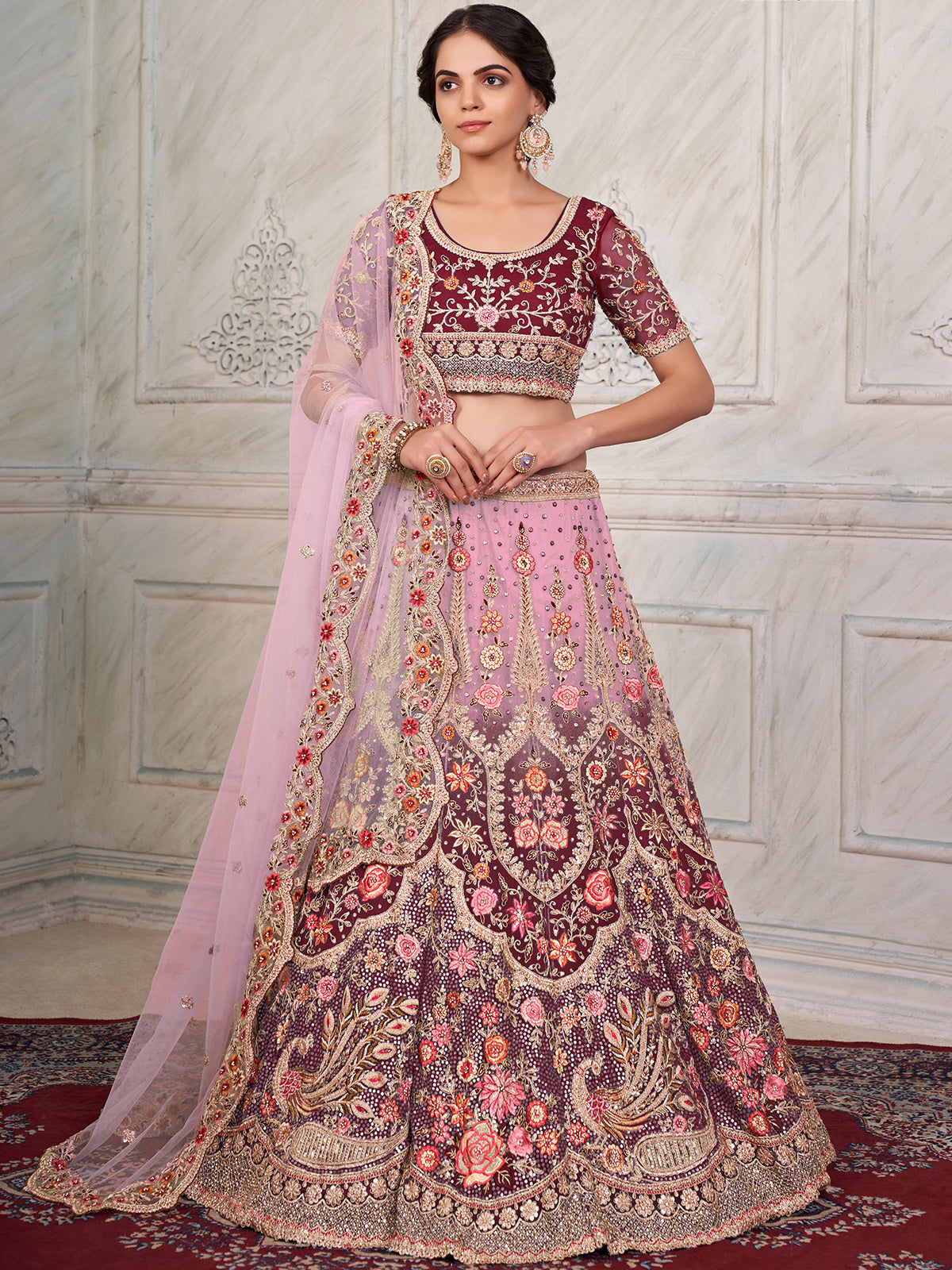 Maroon Soft Net Embroidered Semi Stitched Lehenga With Unstitched Blouse