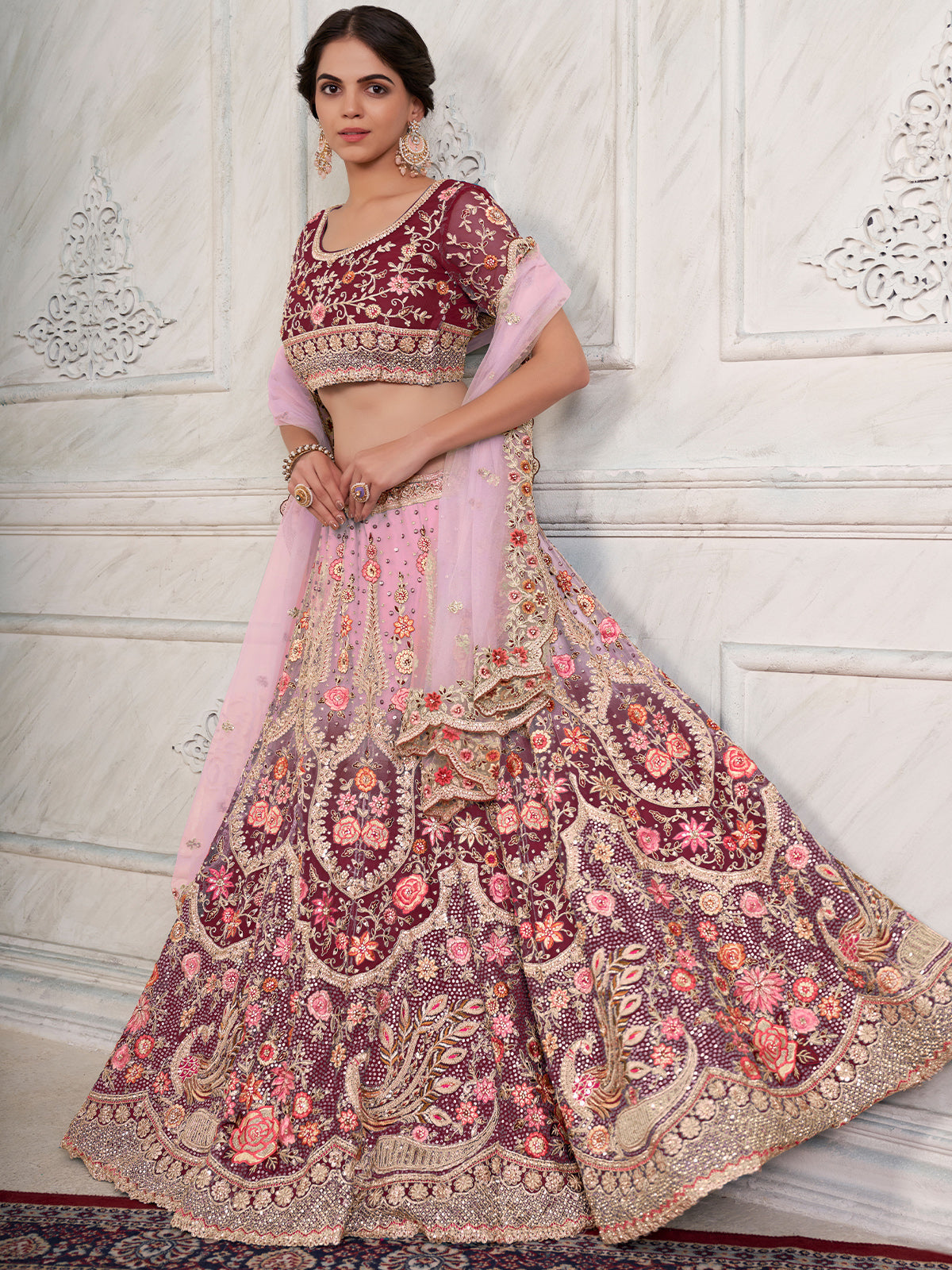Maroon Soft Net Embroidered Semi Stitched Lehenga With Unstitched Blouse