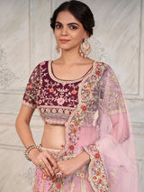 Maroon Soft Net Embroidered Semi Stitched Lehenga With Unstitched Blouse