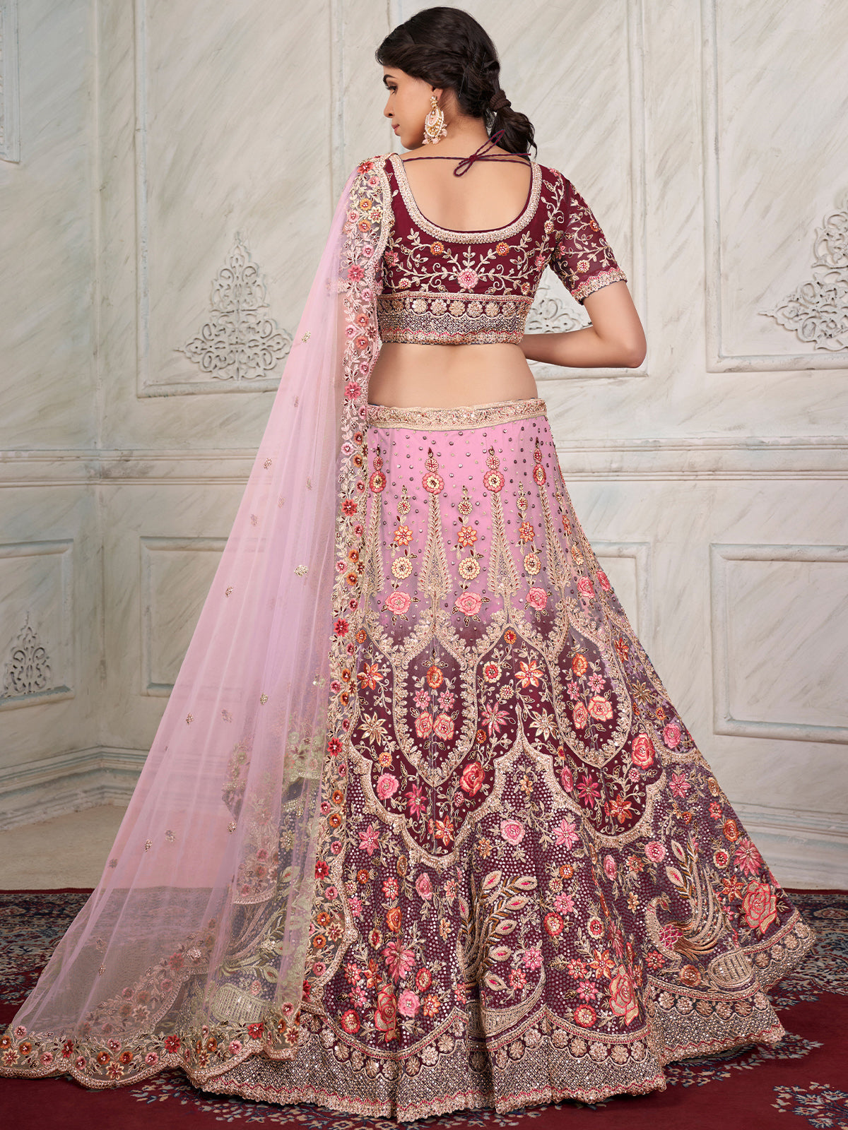 Maroon Soft Net Embroidered Semi Stitched Lehenga With Unstitched Blouse